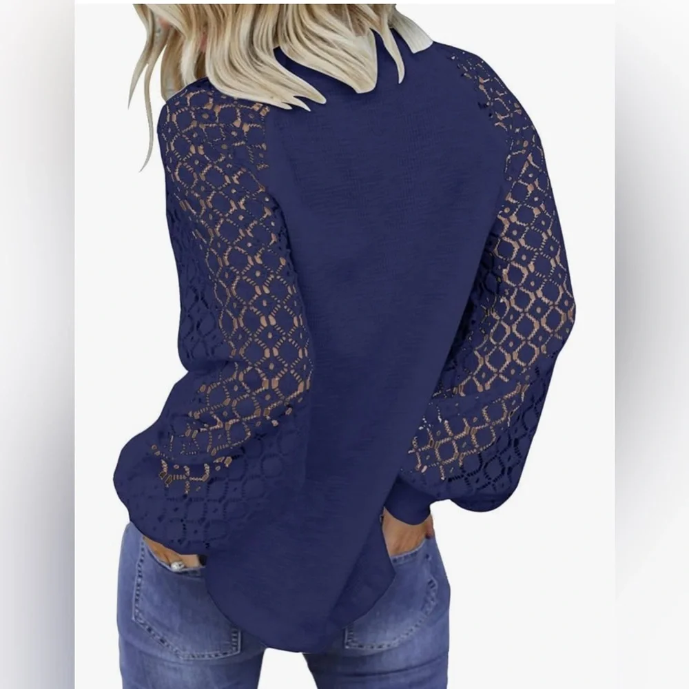 NWT MIHOLL Women’s Navy Long Sleeve Tops Lace Casual Loose Top size medium - Picture 2 of 5
